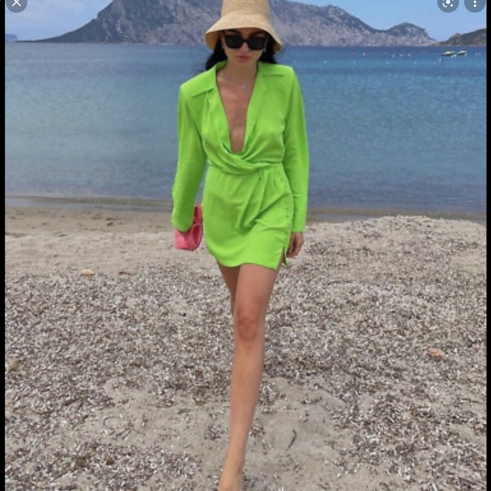 NWT Zara green neon short shirt padded shoulder mini dress